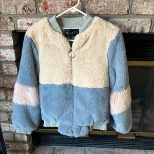 SHACI Faux Fur Bomber Colorblock Zip Up Jacket blue/ cream/pink Women’s Size S